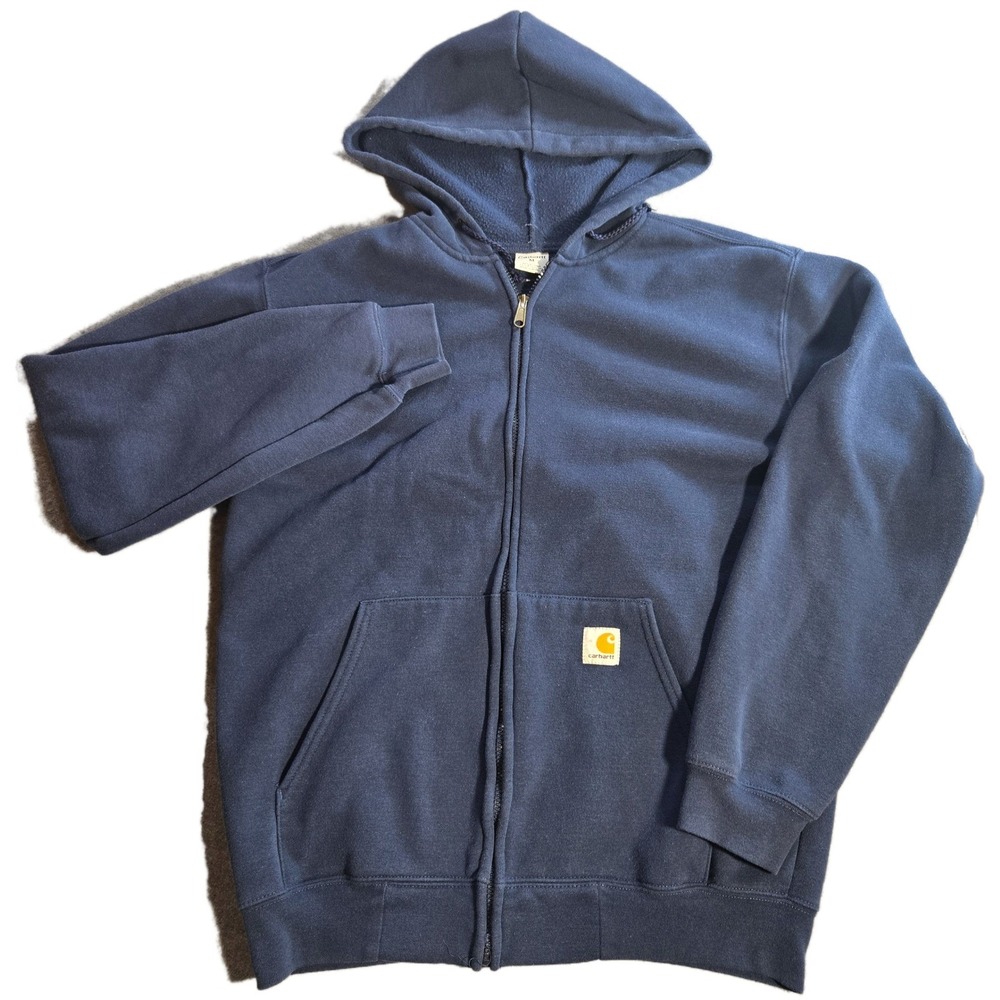Vtg Carhartt Mens Full Zip Hoodie Navy Blue Medium Midweight Fleece Sweatshirt